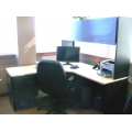 Blonde and Black L Suite Desk w Bullet and Overhead, 96 x 65 in. Blonde and Black L Suite Desk w Bullet and Overhead, 96 x 65 in.